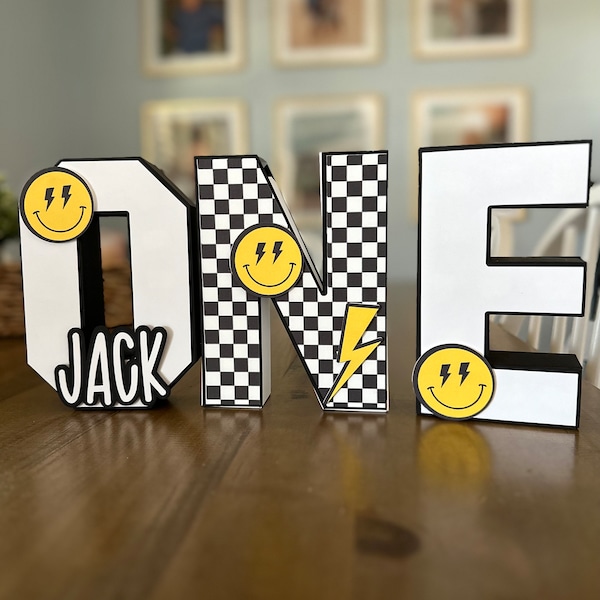 One happy  dude   birthday 3D letter, ONE 3D letters , white , black, checkered - personalized, smiley face , preppy smiley