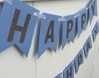 Blue and Silver Glitter Happy Birthday Banner- frozen birthday party