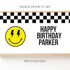 May include: A digital printable birthday banner with a black and white checkered pattern at the top. A yellow smiley face with lightning bolts for eyes is on the left side of the banner. The text "HAPPY BIRTHDAY PARKER" is in black text on the right side of the banner.