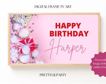 Arte de TV de Navidad de feliz cumpleaños / Arte de TV con marco Samsung de feliz cumpleaños / Arte de TV con marco digital / Decoración de fiesta de cumpleaños Navidad femenina rosa