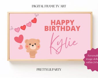 Arte de TV personalizado para cumpleaños: Osito de peluche y corazones (descarga digital)