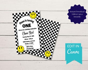 Invitación para el primer cumpleaños de un chico feliz: Carita sonriente, estilo preppy (descarga digital)