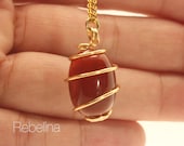 Carnelian Crystal wire wrapped necklace w. 16k gold plated chain. Non tarnish jewelry.