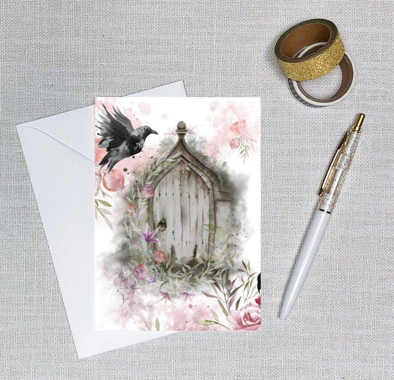 Watercolor Garden Gate and Raven Note Cards All Occasion Note Cards Stationery Set Blank Cards Set with Envelopes