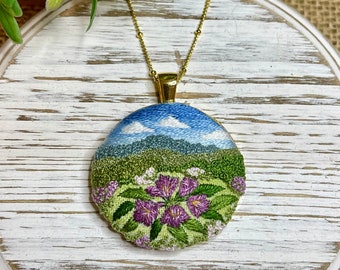 Embroidered pendant necklace, mountainscape, handmade jewelry, tiny landscapes, rhododendron