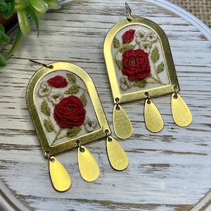 Hand embroidered botanical statement earrings