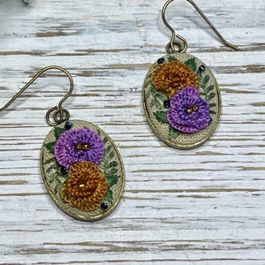 Hand Embroidered Rose earrings, botanical jewelry, floral earrings