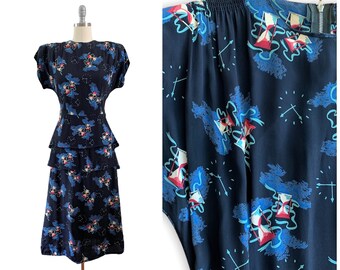 40s Time Traveler Rayon Dress / 1940s Vintage Novelty Print Dress / Medium / Size 8