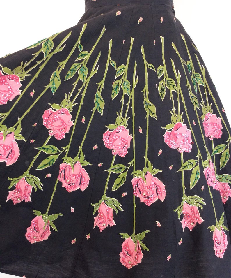 50s Rose Panel Print Skirt / 1950s Vintage Novelty Print Full | Etsy
