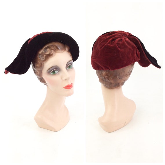 50s Red & Black Silk Velvet Asymmetrical Hat / 195