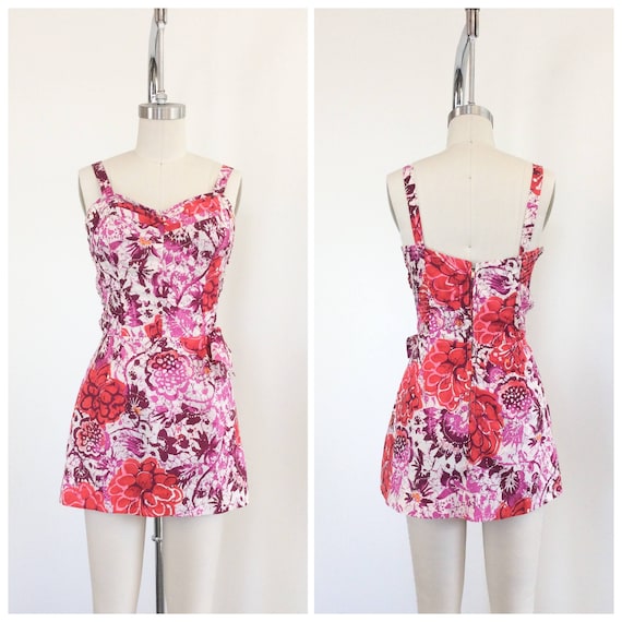 60s Red & Purple Floral Swimsuit / 1960s Vintage P