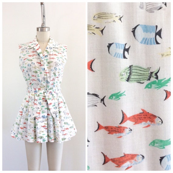 50s Fish Print Cotton Playsuit Set / 1950s Vintage