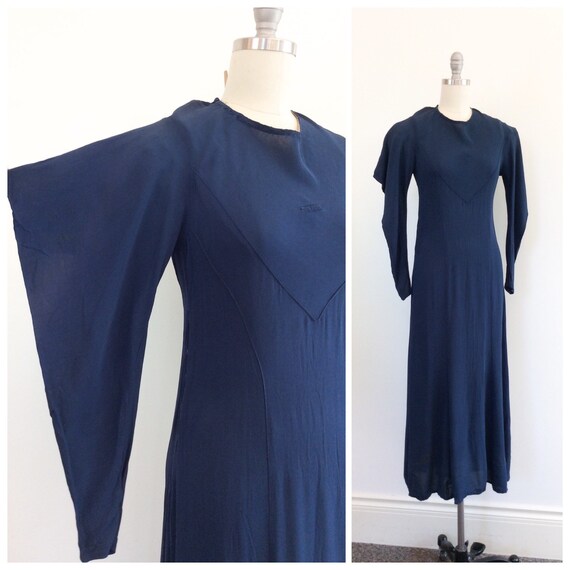 30s Deep Blue Rayon Crepe Dress / 1930s Vintage Co