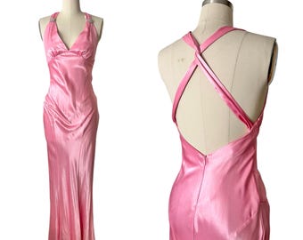 Abito sottoveste lungo in raso rosa setoso anni '90 / Abito da cerimonia vintage anni 2000 per invitati a feste di matrimonio / Taglia piccola
