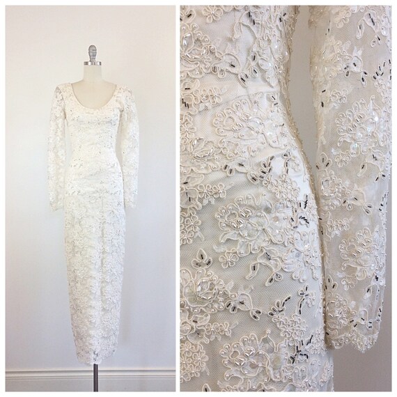 60 Dollar Sale 80s Fitted Cream Beaded Wedding Gown Etsy