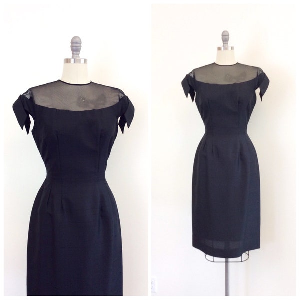 50 DOLLAR SALE /// 50s Silk Little Black Dress / 1950s Vintage Pinup Wiggle Dress / Medium / Size 8