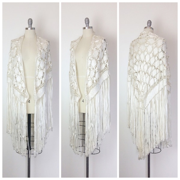 30s geweven ivoren bruiloft zijde sjaal met franje / jaren 1930 Vintage klosje Shrug Capelet / OSFM