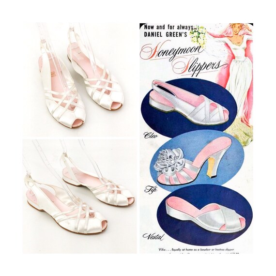 50s White Satin Honeymoon Boudoir Heels / 1950s Da