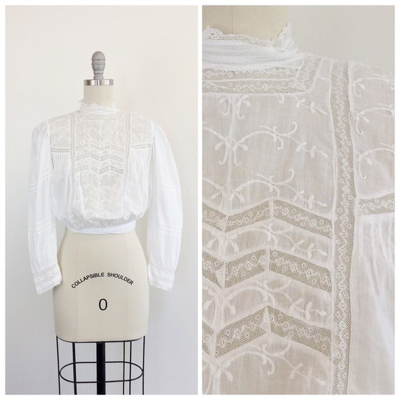 Victorian White Cotton & Lace Blouse / 1910s Vinta