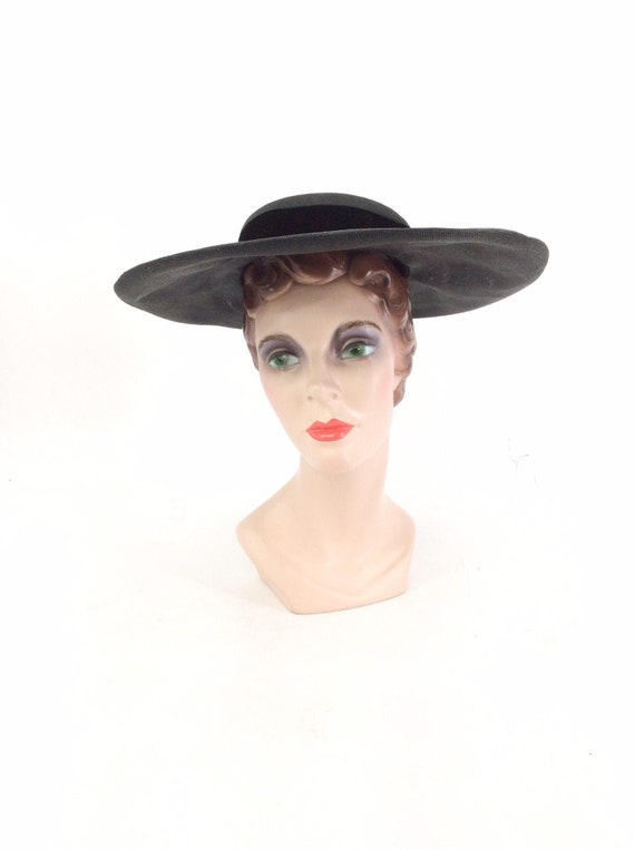 50s Black Woven Wide Brim Hat / 1950s Vintage Sun