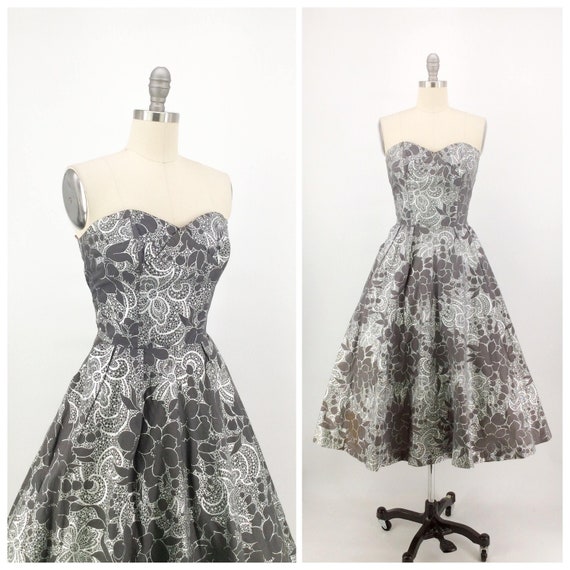 50s Grey & Silver Strapless Dress / 1950s Vintage