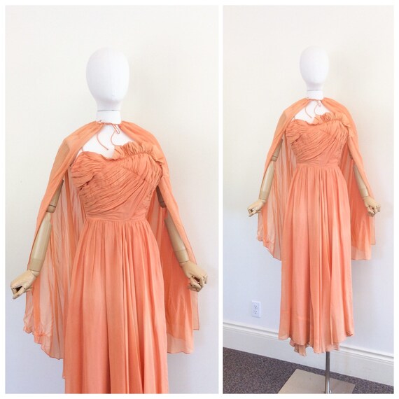 40s Peach Chiffon Floor Length Dress and Cape / Ho