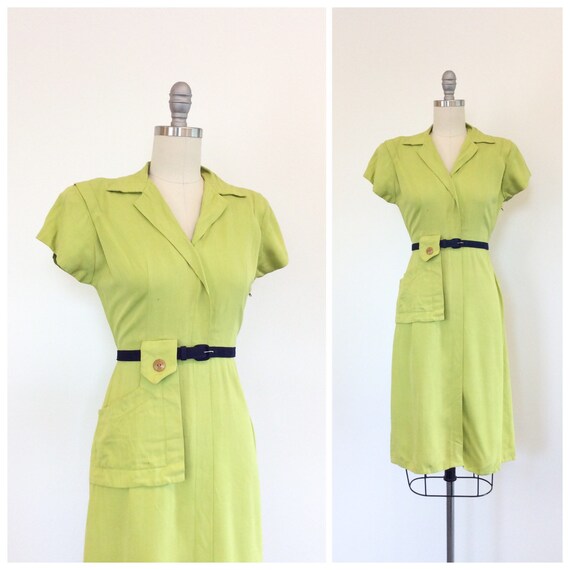 40s Chartreuse Gabardine Cotton Dress / 1940s Vint