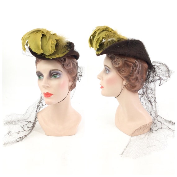 40s Brown Wool Felt Asymmetrical Chartreuse Feathe