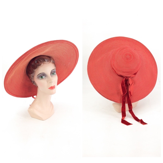 50s Red Woven Wide Brim Hat / 1950s Vintage Sun Ha