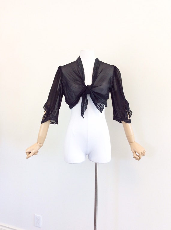40s Sheer Black Blouse / 1940s Vintage Short Sleev