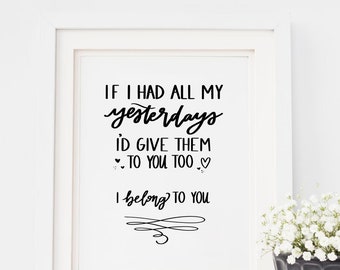 Te pertenezco - Caligrafía original - Regalo para recién casados - Arte imprimible - Descarga digital - Letras de canciones