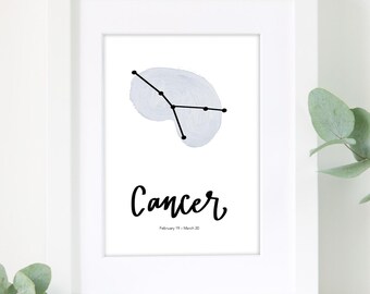 Impresión de caligrafía minimalista con acuarela de la constelación del zodiaco CÁNCER para febrero y marzo - DESCARGAR