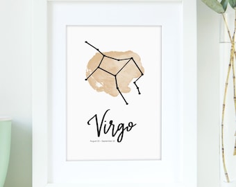 Impresión de arte minimalista de la constelación de acuarela de Virgo para agosto y septiembre, cumpleaños, caligrafía - DESCARGAR
