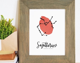 Impresión de arte minimalista de la constelación de acuarela de Sagitario para cumpleaños de noviembre y diciembre - DESCARGAR