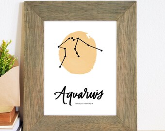 Impresión de caligrafía minimalista con acuarela de la constelación del zodiaco ACUARIO para cumpleaños de enero y febrero - DESCARGAR
