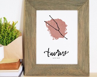 Impresión de caligrafía minimalista con acuarela de la constelación del zodiaco TAURO (abril/mayo) para imprimir - DESCARGAR