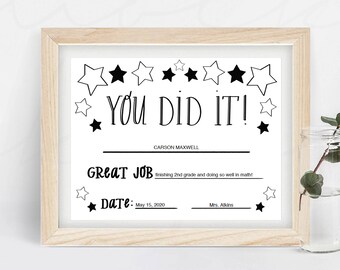 You Did It Printable Certificate - Fillable Teacher Award (PDF)