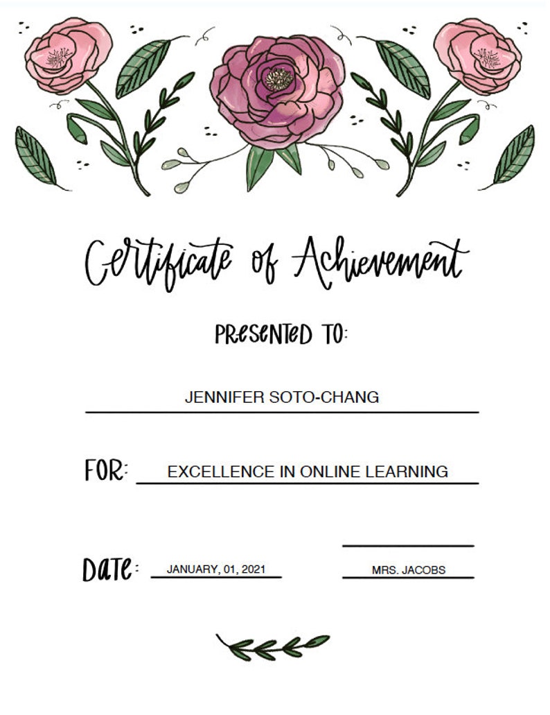 Detailed Floral Certificate of Achievement FILLABLE PDF Etsy