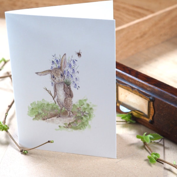 Watercolour rabbit 'Gathering Bluebells' greeting card // Easter // Thank you // Birthday