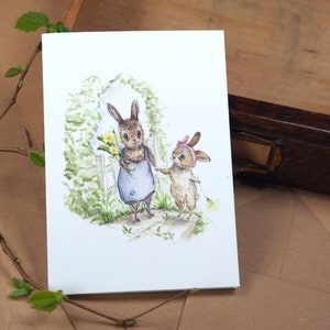 Biglietto d'auguri "Raccogliere le primule" con coniglio acquerello // Biglietto vuoto // Pasqua // Grazie // Compleanno