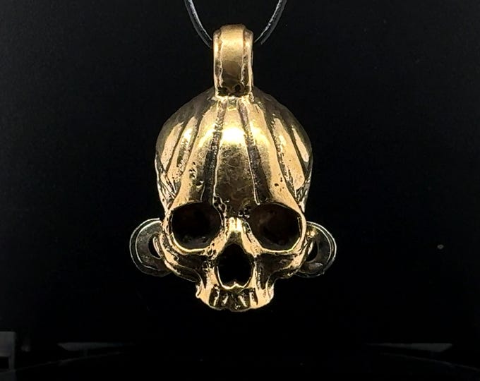 Tribal Skull Pendant Necklace with Hanging Earrings - Brass Amulet for Protection - Unisex Handmade Jewelry with Leather String