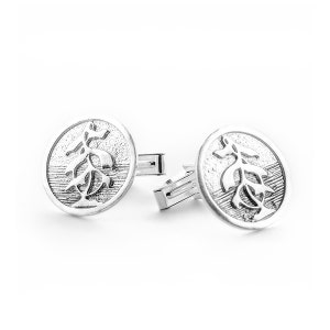 May include: Silver cufflinks with a textured circular design featuring a stylized tree branch.