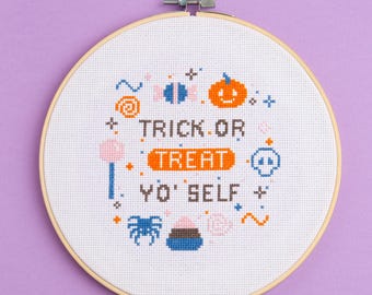 Halloween Cross Stitch Kits | Trick or Treat yo'self | Beginner Friendly Cross Stitch Kit by Stitch & Story