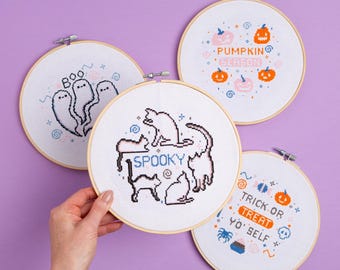 Halloween Cross Stitch Kits | Spooky Cats | Beginner Friendly Cross Stitch Kit by Stitch & Story