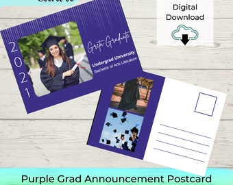 EDITABLE Purple Graduation Announcement Printable Template -Picture Grid Grad Postcard | Notecard