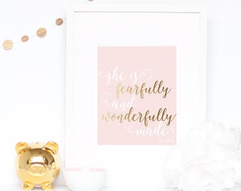 Fearfully and wonderfully made | Psalm 139:14 | Girl Bible Verse Wall Art Print | Children | Room | Nursery |