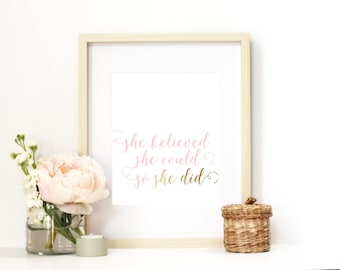 Wall Art Print | Girls | Room | Nursery | She believed she could so she did