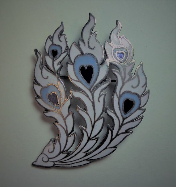 Vintage Feathery Brooch with Blue Hearts