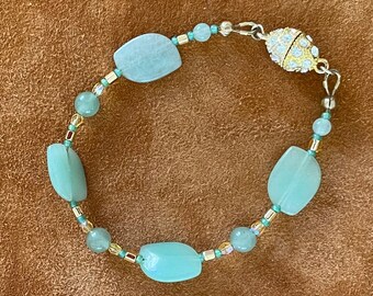 Green & Gold Bracelet, Aventurine Semi-precious Gemstone, 24Kt Gold Accent Beads, Magnetic Clasp, Unique Statement Jewelry