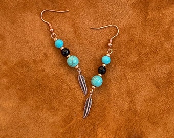 Turquoise Dangle Earrings with a Copper Feather - Boho Chice Copper Dangle Earrings - Turquoise Teal Earrings -  Handmade Gift Jewelry